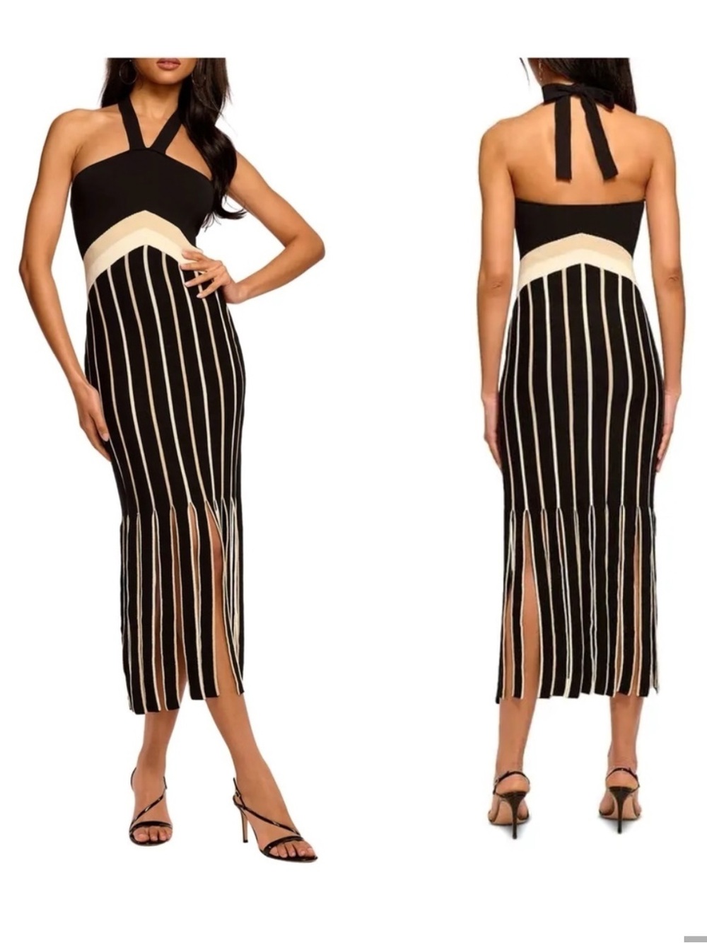 Ramy Brook Black and Cream Halter Stripe Midi Dress